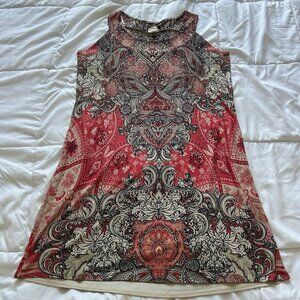 Womens Size XL Red Paisley Midi Dress Sleeveless High Neck Boho Chic Artsy